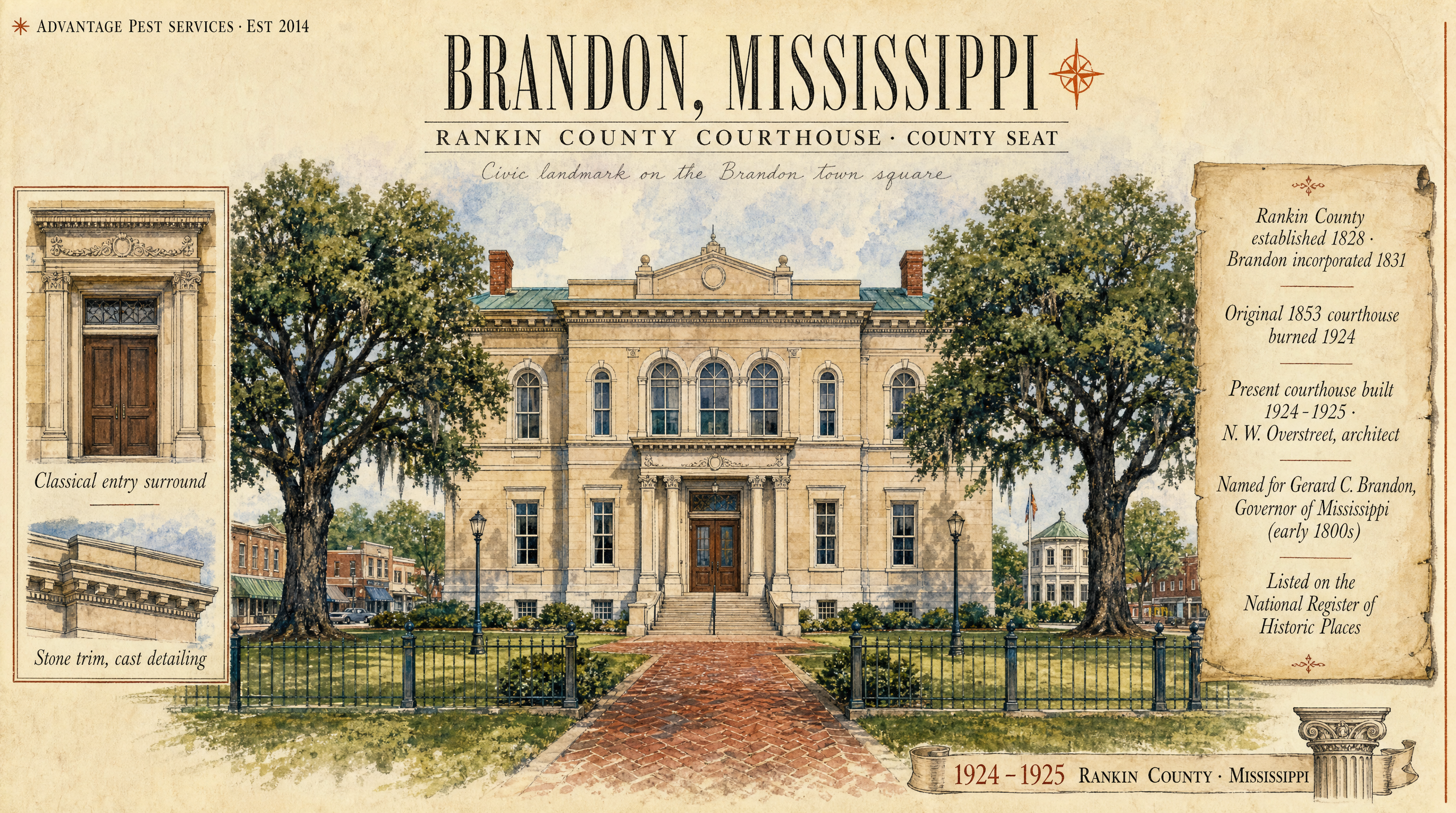 Editorial museum plate of the Rankin County Courthouse, Brandon Mississippi, the civic anchor of Advantage Pest Services' Brandon route
