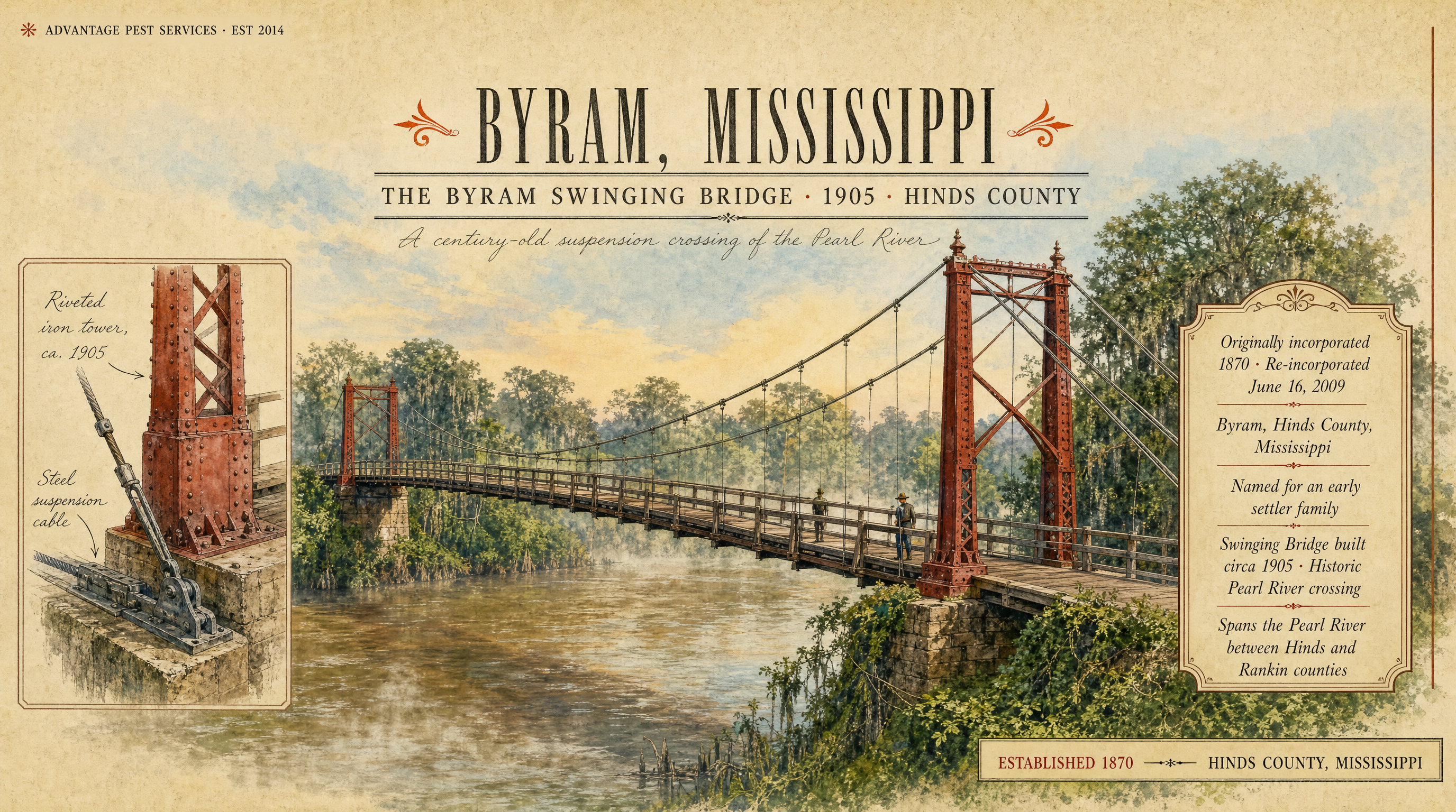 Editorial museum plate of the 1905 Byram Swinging Bridge over the Pearl River, Byram Mississippi, the historical anchor of Advantage Pest Services' Byram route