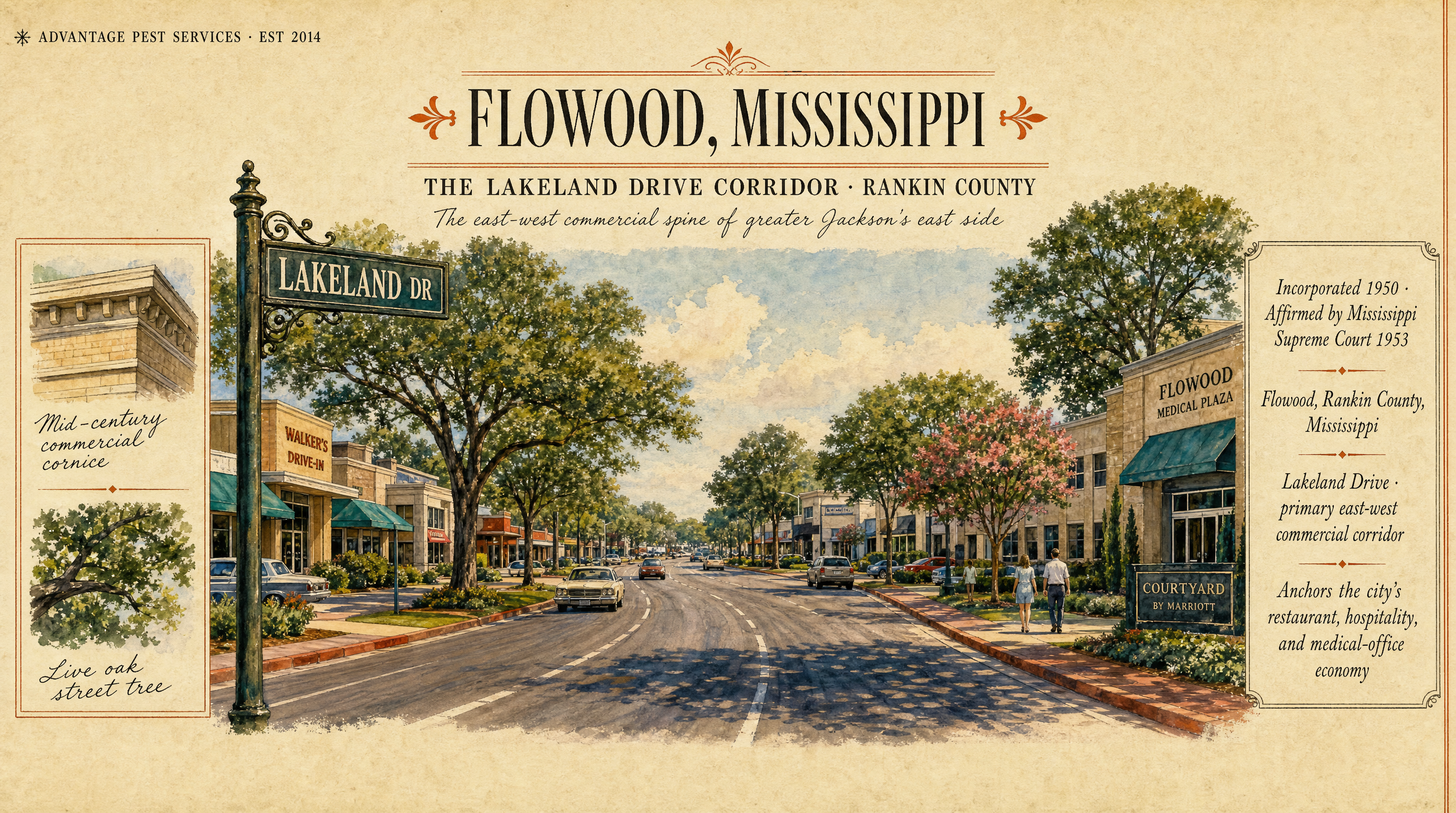 Editorial museum plate of the Lakeland Drive commercial corridor in Flowood Mississippi, the city's primary east-west commercial spine and the anchor of Advantage Pest Services' Flowood route