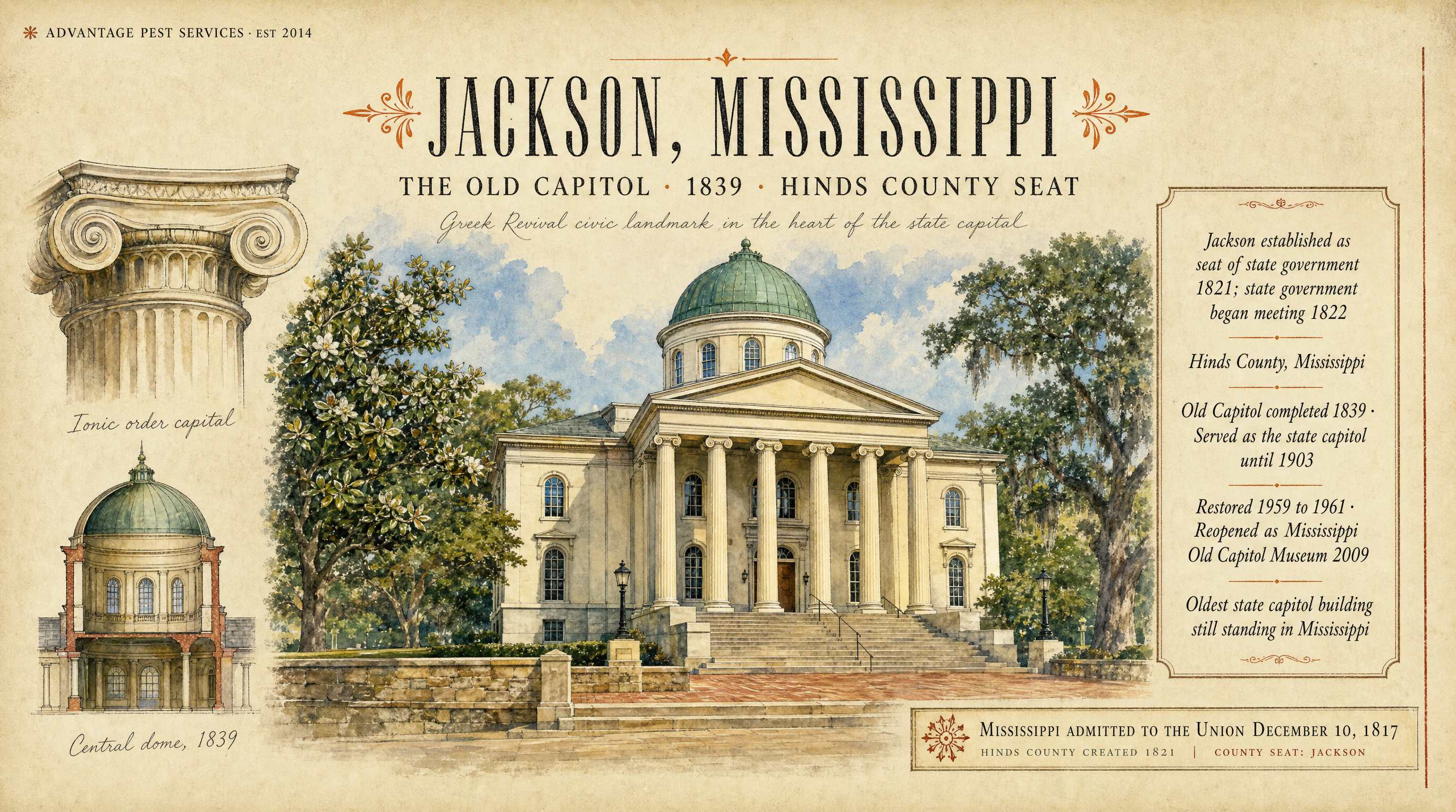 Editorial museum plate of the 1839 Old Capitol Museum, Jackson Mississippi, the architectural anchor of Advantage Pest Services' Jackson route