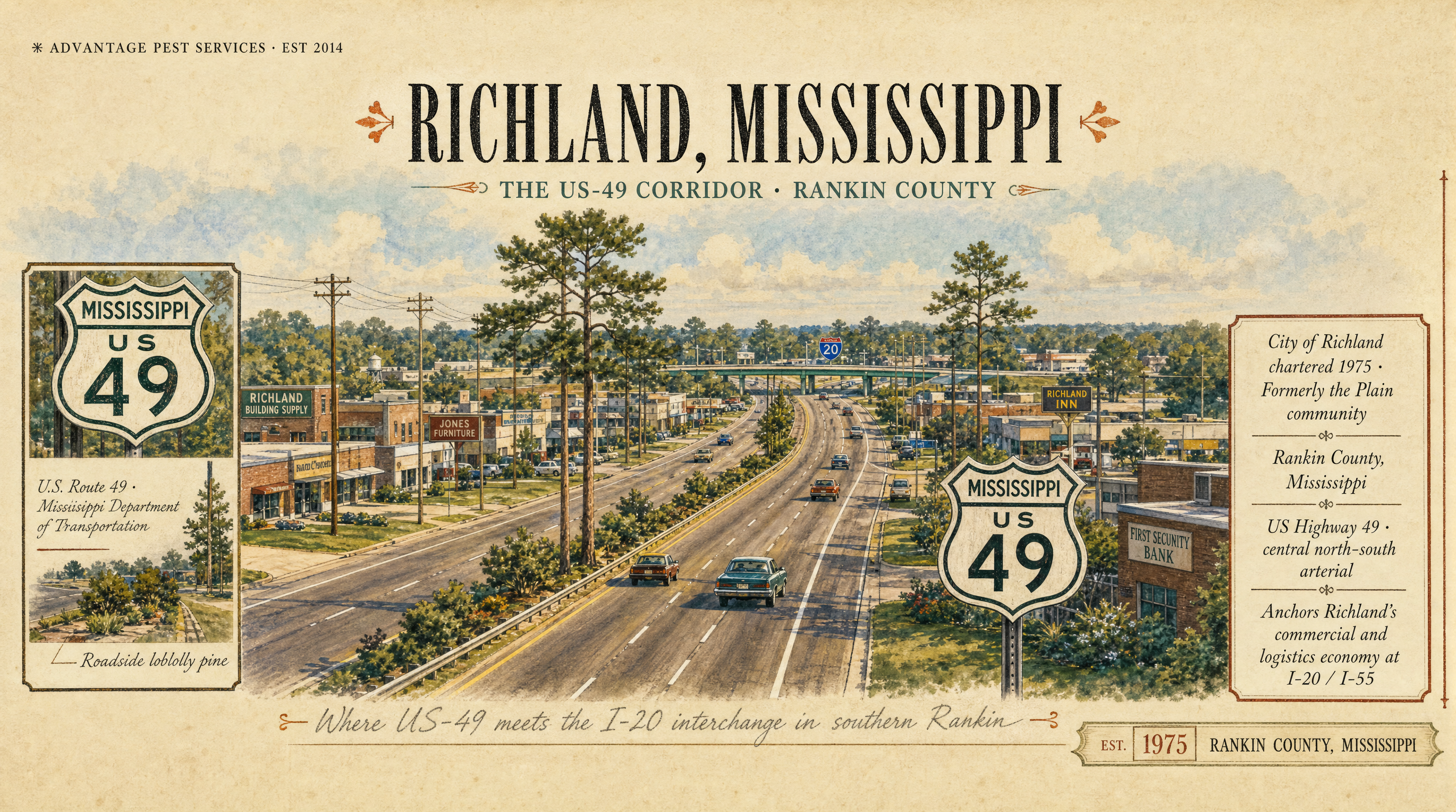 Editorial museum plate of the US Highway 49 corridor through Richland Mississippi, the city's central north-south arterial and the commercial anchor of Advantage Pest Services' Richland route
