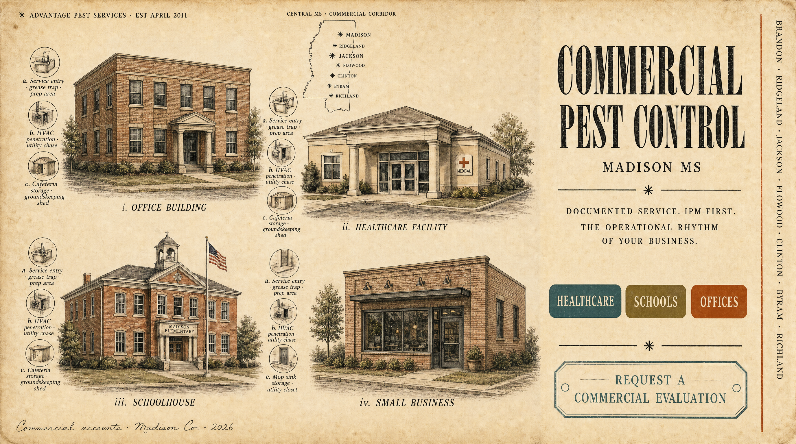 Field-guide plate showing the three commercial facility types served by Advantage Pest Services in Madison MS: healthcare, schools, and owner-occupied offices