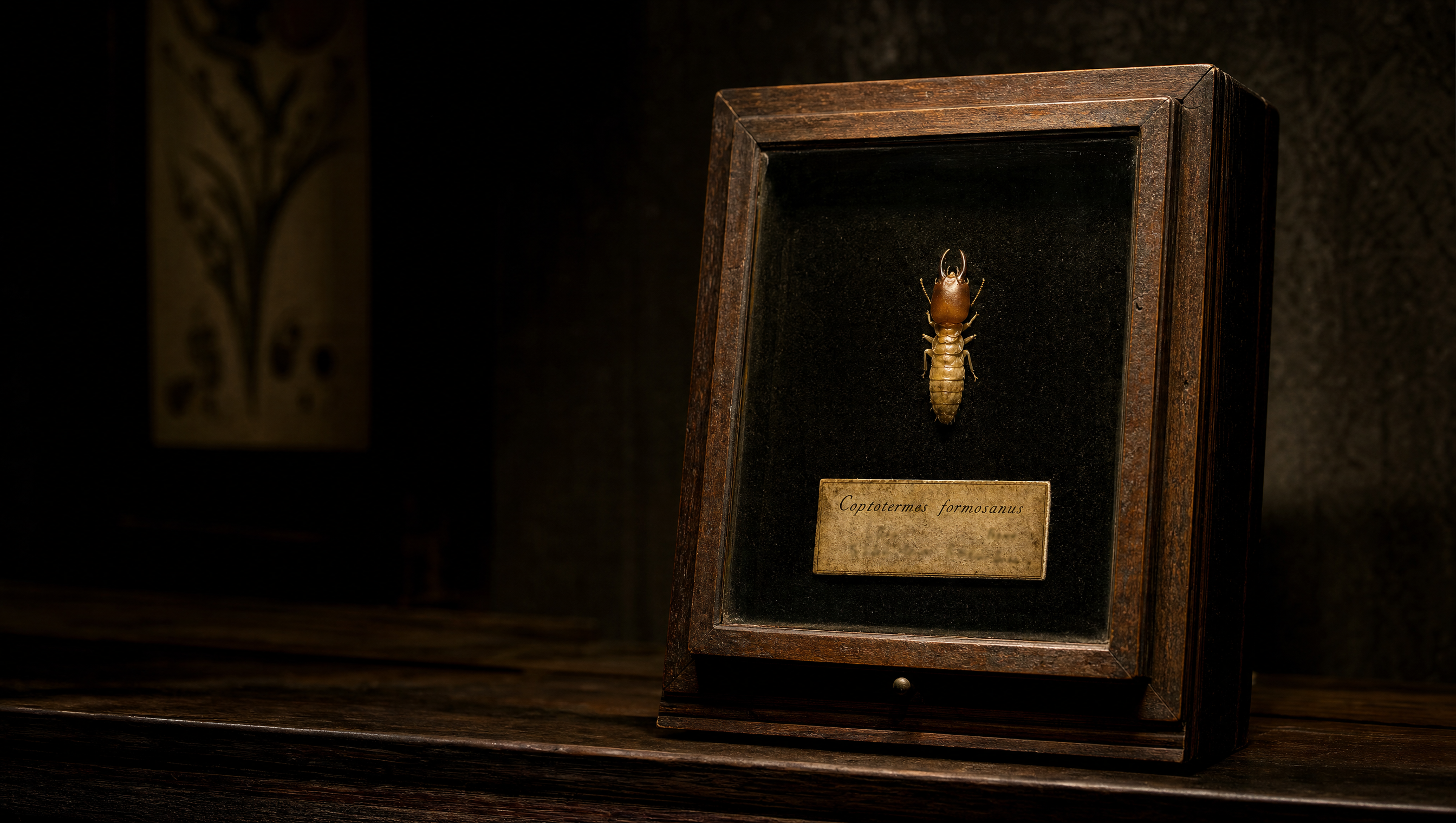 Museum specimen case displaying a pinned termite with a hand-written taxonomic label